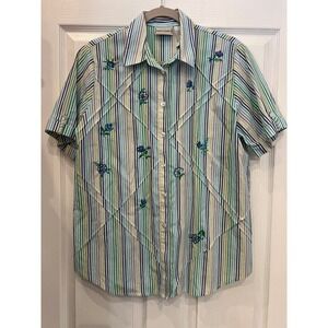 Napa Valley Button Up Shirt Cotton Blend Striped Floral Pin-tuck Cottagecore